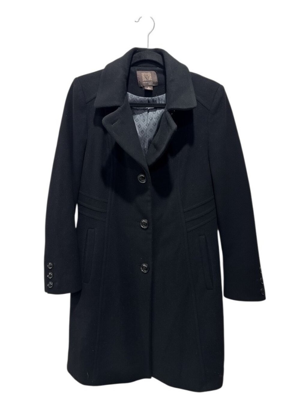 Anne Klein Women's Black Wool Blend Coat Size 2 With Button Closure and Lined In